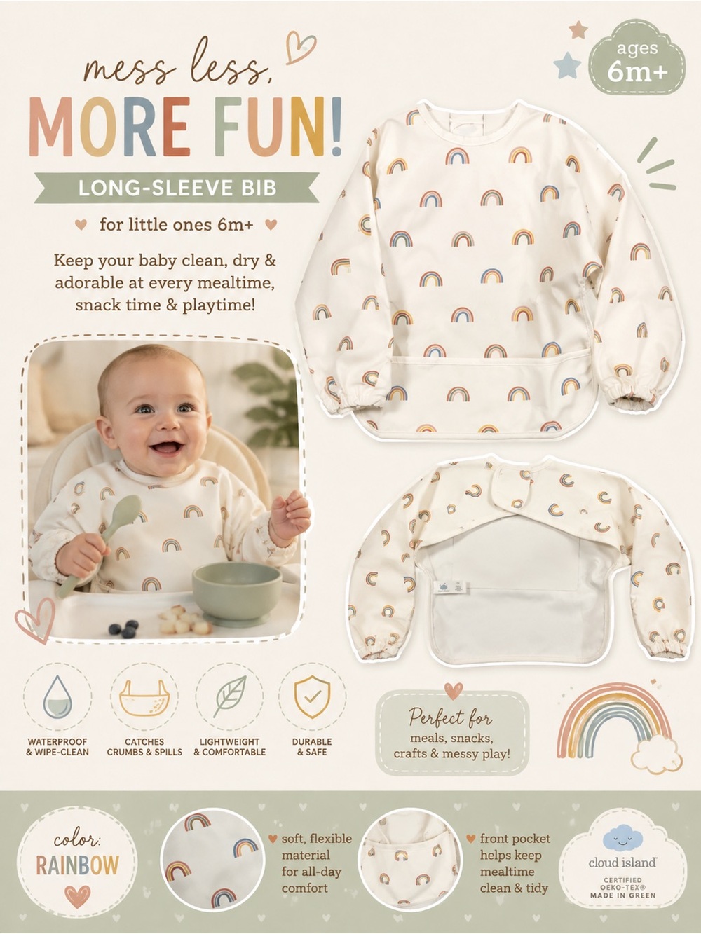 cloud island Cream Long-Sleeve Bib with Rainbow Print